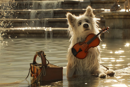 Patches and the Lost Melody: Patches, a fluffy sheepdog with floppy ears and a soulful howl, discovers a lost violin floating down the river.の素材