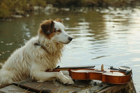 Patches and the Lost Melody: Patches, a fluffy sheepdog with floppy ears and a soulful howl, discovers a lost violin floating down the river.の素材