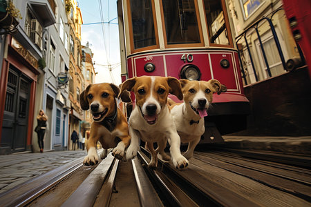 The Train Track Tails: A fearless trio of pups, led by the adventurous beagle, chase after the city's iconic trams, leaping onto carriages and hitchhiking across Istanbul.の素材