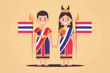 Thai in national dress with a flag. Man and woman in traditional costume. Travel to Thailand. People. Vector flat illustrationの素材