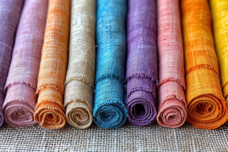 A fabric textile of Nostalgic Color Palettes of The Spring and Summer 2024 celebration of the positive power of vibrant color pastel rainbow of lilac, chambray blue, burnt orange, and sunshine yellowの素材
