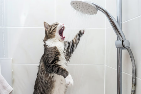 A Funny cat taking a shower like human and singing under the waterの素材