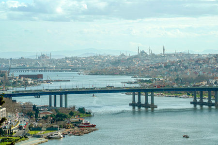 Panoramic View of Golden Horn seen from Pierre Loti Hill in Eyup district in Istanbul, Turkey.の写真素材