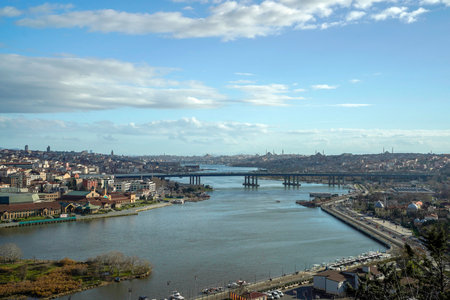 Panoramic View of Golden Horn seen from Pierre Loti Hill in Eyup district in Istanbul, Turkey.の写真素材