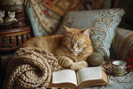 A Cat Enthusiast Reading a Book in a Cozy Cornerの素材