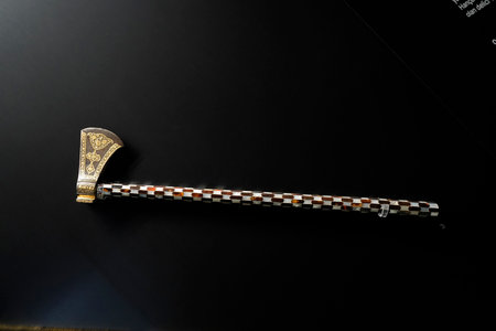 ISTANBUL - TURKEY - JANUARY 5 2024 - War Ax part of the Topkapi Palace treasure along with various donations to the Sultanのeditorial素材