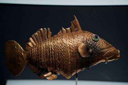 ISTANBUL - TURKEY - JANUARY 5 2024 - Golden fish part of the Topkapi Palace treasure along with various donations to the Sultanのeditorial素材