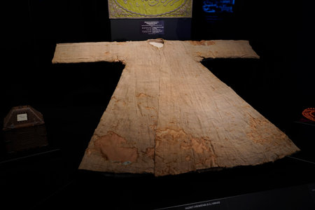 ISTANBUL - TURKEY - JANUARY 5 2024 - Coat of Fatima daughter of Prophet Muhammad in the Sacred Relics of Topkapi Palace along with various relics of preserved since the Egypt campaign by Selim Iのeditorial素材