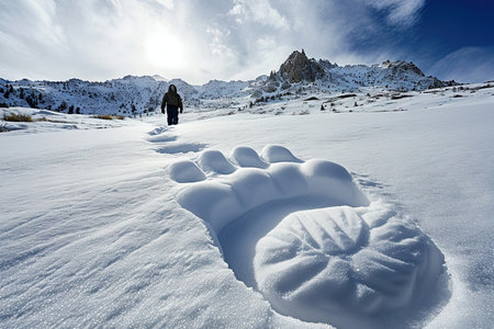 A bigfoot feet footprint on the snowの素材