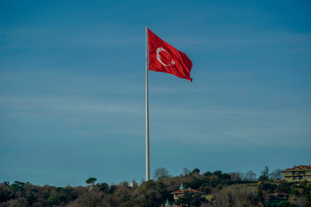 Trukish flag in Ortakoy bebek district view from Istanbul Turkey, Bosphorus cruise