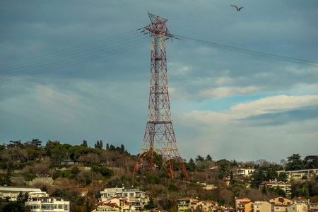 High voltage pole in Istanbul Turkey, Bosphorus cruiseの写真素材
