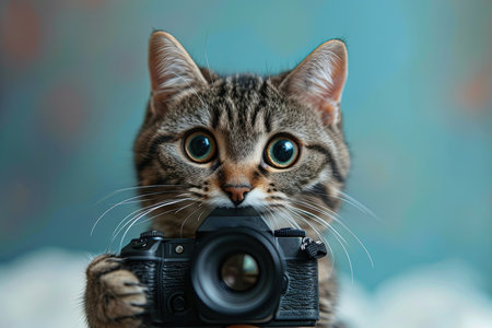 A Cat Photographer with a Tiny Camera: a kitten capturing the world through the lens of a tiny camera, adjusting settings and composing shots like a professional photographerの素材