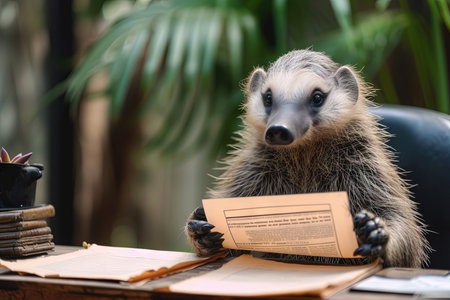 An Anteater News Anchor sitting behind a news desk, delivering breaking news to a captivated audience of insectsの素材