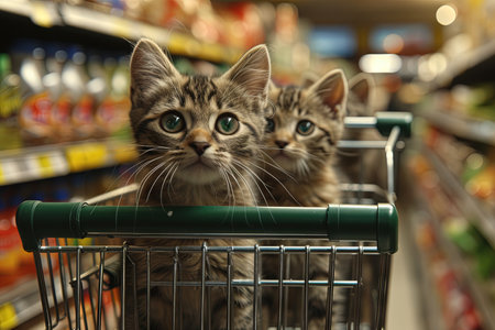 A Cat Grocery Shoppers with Carts: Picture a supermarket scene with cats pushing miniature shopping carts, carefully selecting items from the shelves.の素材