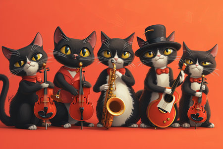 Cat Musicians in a Jazz Band, group of cats playing musical instruments in a jazz band, creating harmonious melodies with their tiny instruments cartoonの素材