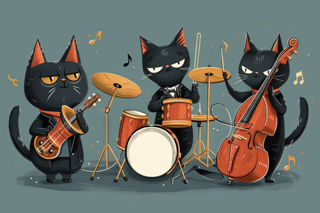 Cat Musicians in a Jazz Band, group of cats playing musical instruments in a jazz band, creating harmonious melodies with their tiny instruments cartoonの素材