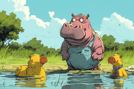 An Hippo Lifeguard at a Watering Hole, watching over other animals as they enjoy a relaxing day at the watering hole cartoonの素材