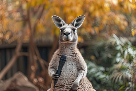 A Kangaroo as a Stand-Up Comedian with a microphone, entertaining a crowd of animals with his stand-up comedy routineの素材