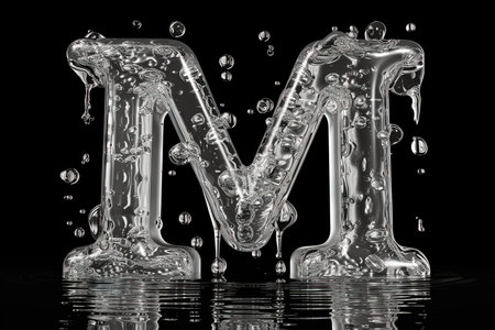 M Alphabet Letter Liquid 3D, isolated on black backgroundの素材