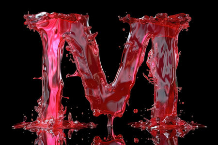 M Alphabet Letter Liquid 3D, isolated on black backgroundの素材