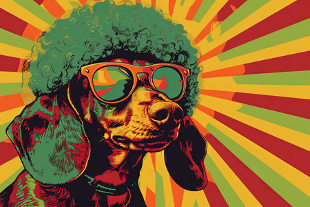 Dachshund dog funky 70s retro style afro poster illustrationの素材