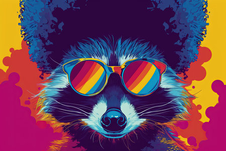 Raccoon funky 70s retro style afro poster illustrationの素材