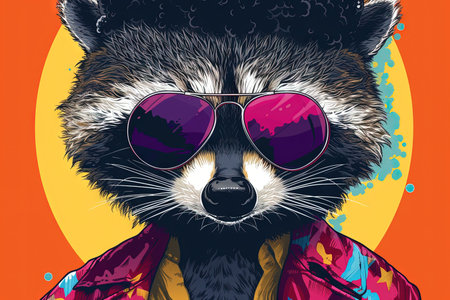 Raccoon funky 70s retro style afro poster illustrationの素材