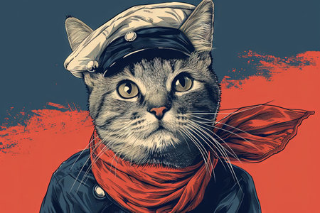 A Portrait cat in a sailor's cap and tie illustration.の素材