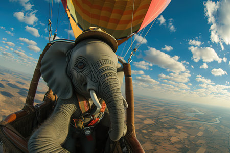 An elephant hot air balloon pilot a cute little elephant flying across Africaの素材