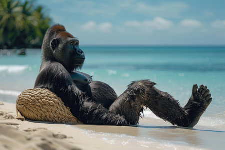 A gorilla relaxing on tropical beachの素材