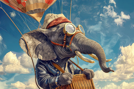 A cartoon elephant hot air balloon pilot a cute little elephant flying across the skyの素材