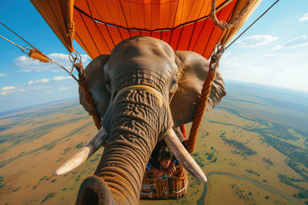 An elephant hot air balloon pilot a cute little elephant flying across Africaの素材