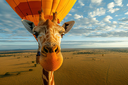 A Cute giraffe hot air balloon pilot illustrationの素材