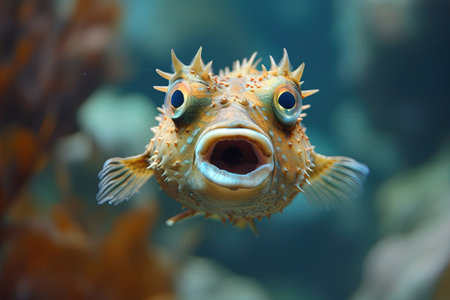 A Pufferfish Art Critic examining and critiquing underwater art installations, bringing a new perspective to marine creativity, caricatureの素材