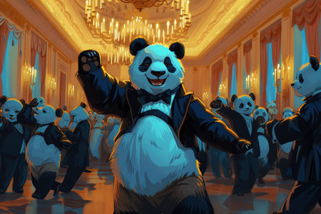 Panda Animals Presidential Ballroom Dance Extravaganza adorned in elegant attire, engage in a formal dance, celebrating with style and grace, cartoon.の素材