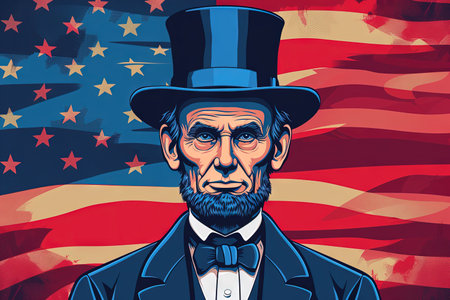 A Cute President's Day Cartoon, flat design Abraham Lincoln with united states flag and blue red white hat colorの素材