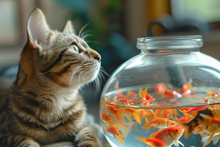 A Cat Lifeguard by the Fishbowl: Picture a cat, wearing a lifeguard whistle, attentively watching over fish in a bowl, embodying a sense of responsibility and care.の素材