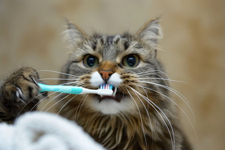 A cat carefully brushing its teeth with a toothbrush and toothpaste Cat with a toothbrush. Kitten and toothbrush. The cat brushes its teeth with a toothbrush. Funny cats. Funny animals.の素材