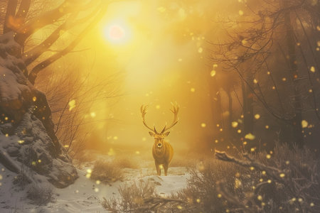 A deer in the misty and foggy forest at sunset illustrationの素材