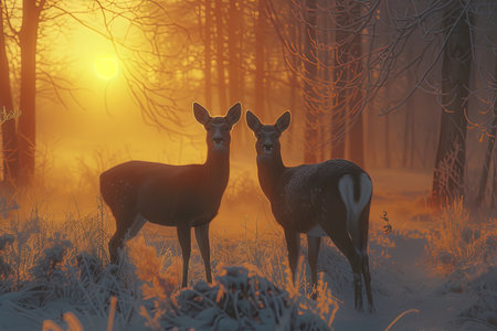 A deer in the misty and foggy forest at sunset illustrationの素材