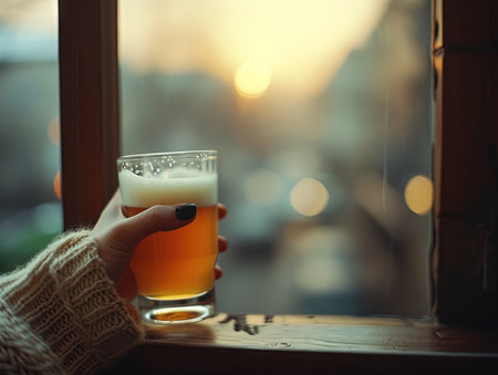 hands of girl on a beer glass in a pub.の素材