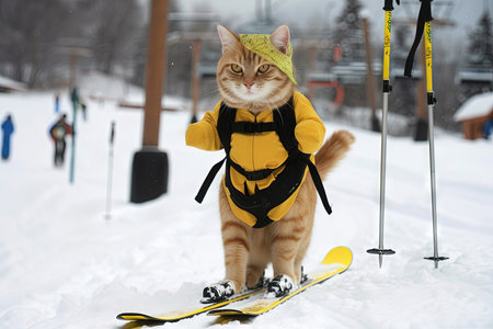 cat skiing like a pro in snowy mountain panoramaの素材