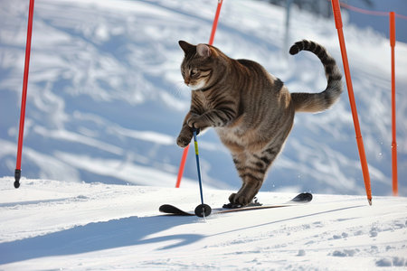 cat skiing like a pro in snowy mountain panoramaの素材