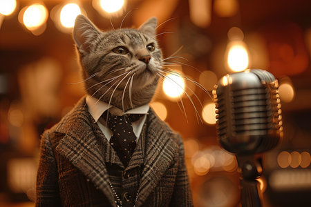 A Crooner cat in tuxedo singing with a sixties microphoneの素材