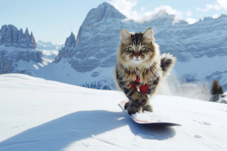 A cat snowboarding like a pro in snowy mountainの素材