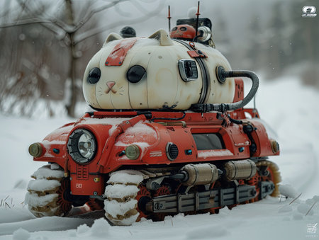 cat on red snowcat snowmobile in snow landscapeの素材
