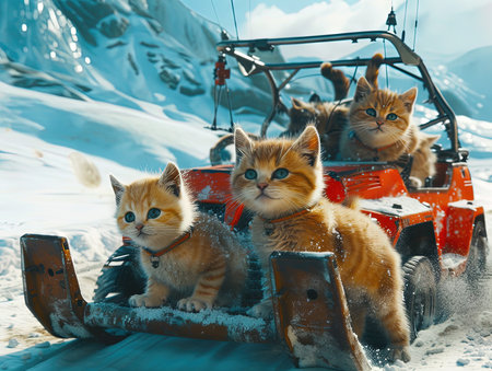 red snow buggy takes a group of funny fluffy cats,の素材