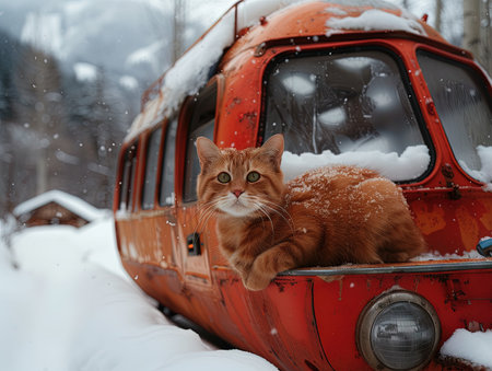 cat on red snowcat snowmobile in snow landscapeの素材