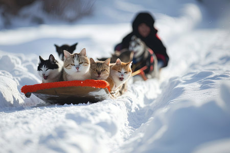 cute cat pulling a sled on snow in winter season like sleddogの素材
