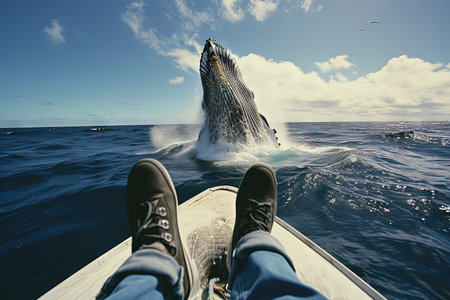Person feet sitting on a boat overlooking a humpback whale breachingの素材
